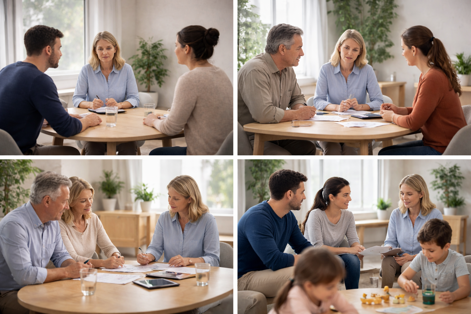 Illustration showing the four key areas of family mediation — MIAM, divorce, finances and children — as connected parts of a whole