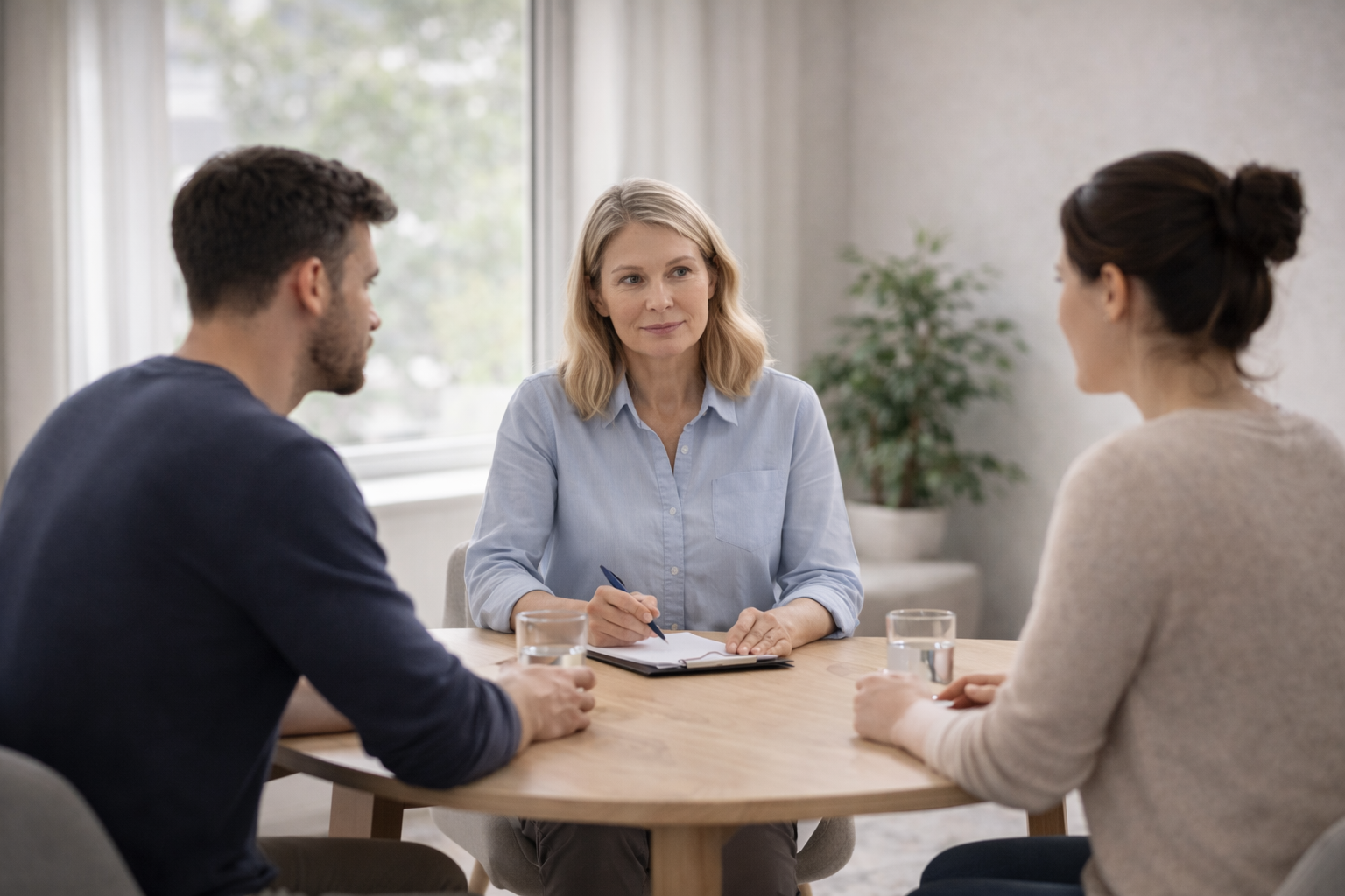 Illustration showing a person sitting at a table with a mediator, having a conversation