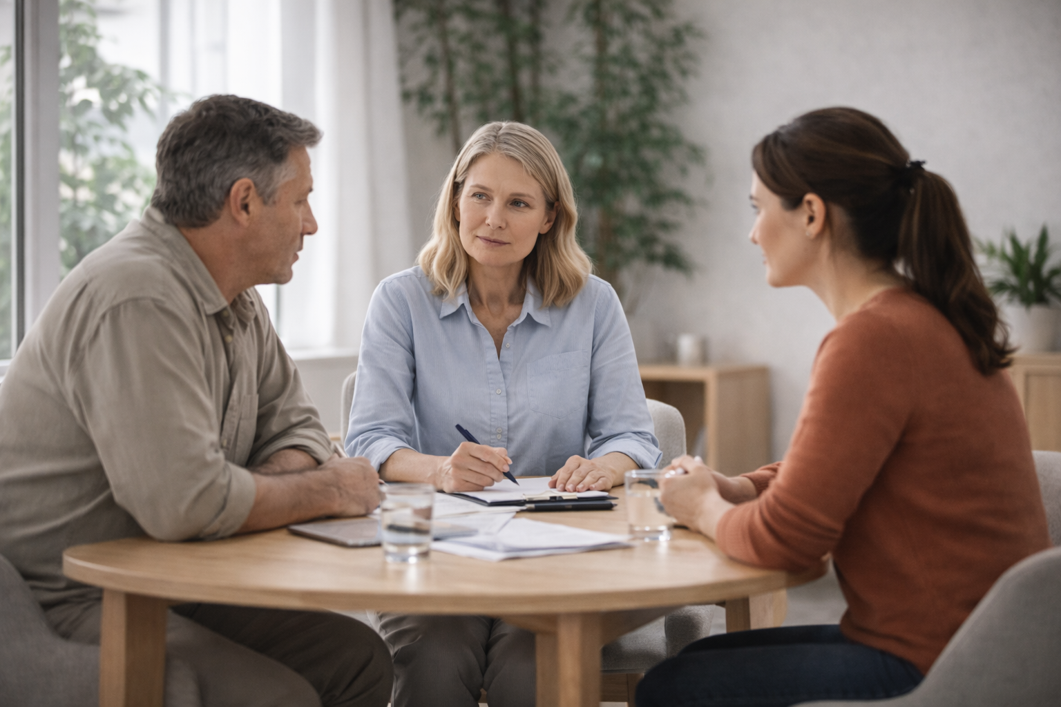 Illustration showing two people sitting at a table with a mediator, having a conversation