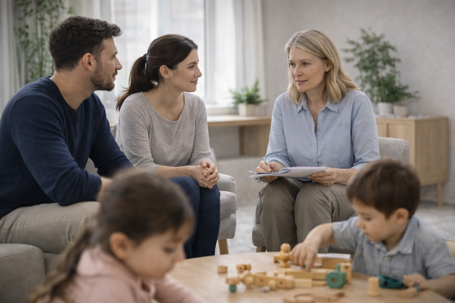 Illustration showing a child sitting at a table with two adults and a mediator, having a conversation about parenting arrangements