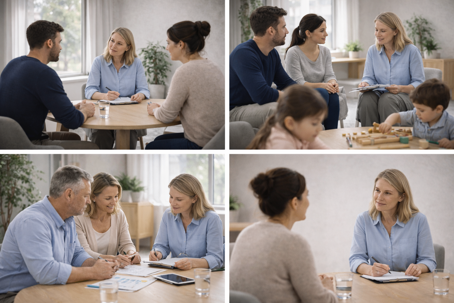 Illustration showing a family sitting at a table with a mediator, having a conversation about their situation